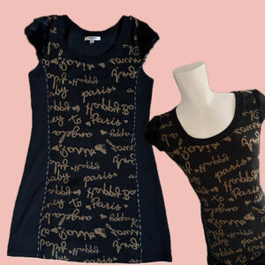 Black Knitted Dress with Faux Fur Shoulders – Unique Script Pattern •